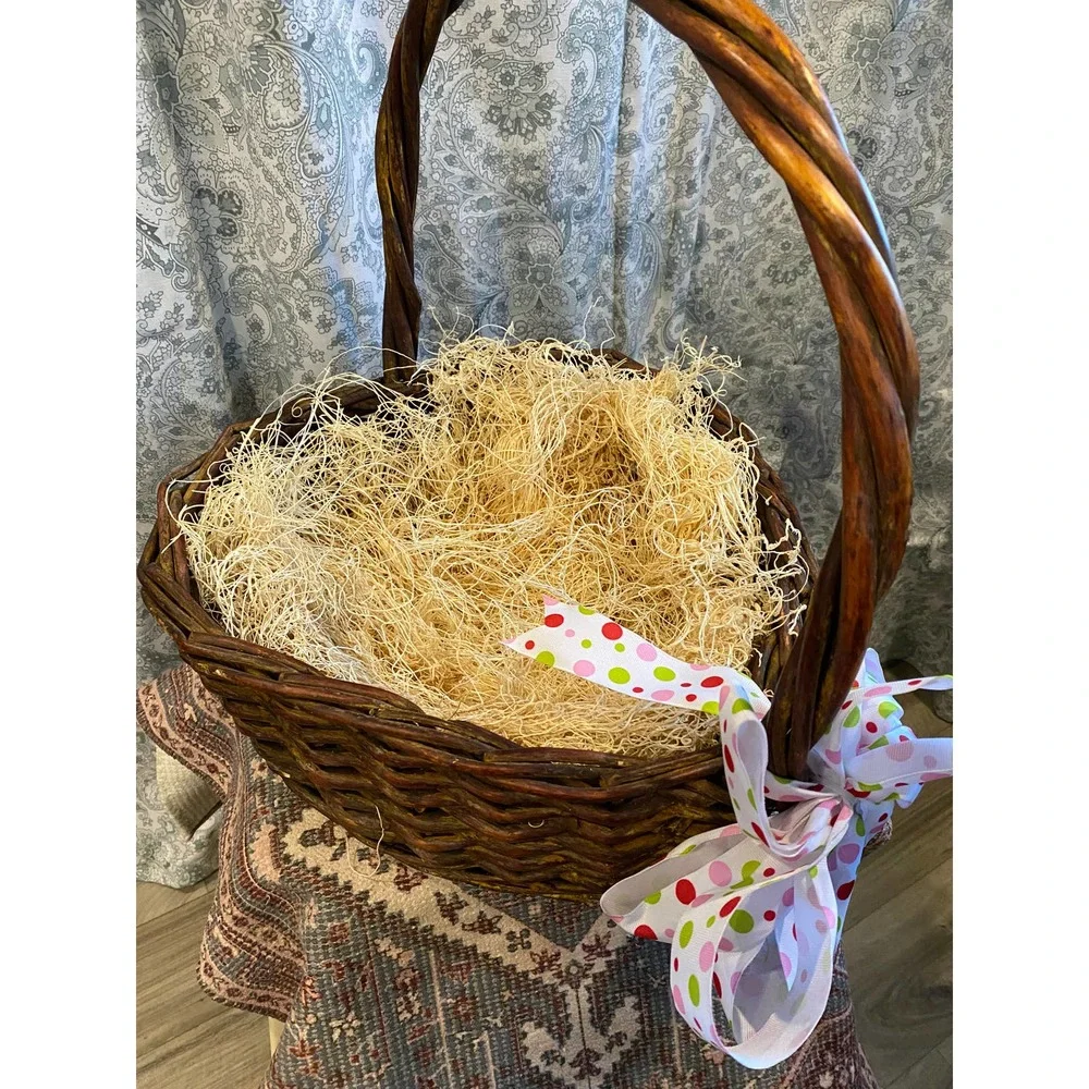Rustic Heart Shaped Basket, Excelsior, Polka Dot Ribbon Bow,‎ Twisted Handle